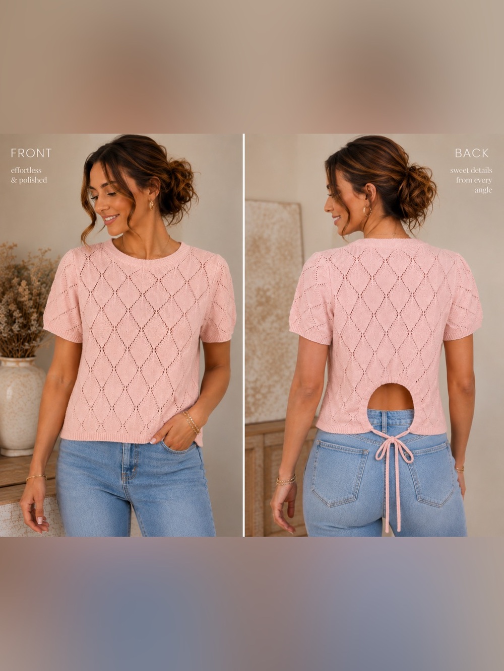 SHEIN Pink Diamond-Knit Short Sleeve Drawstring Sweater